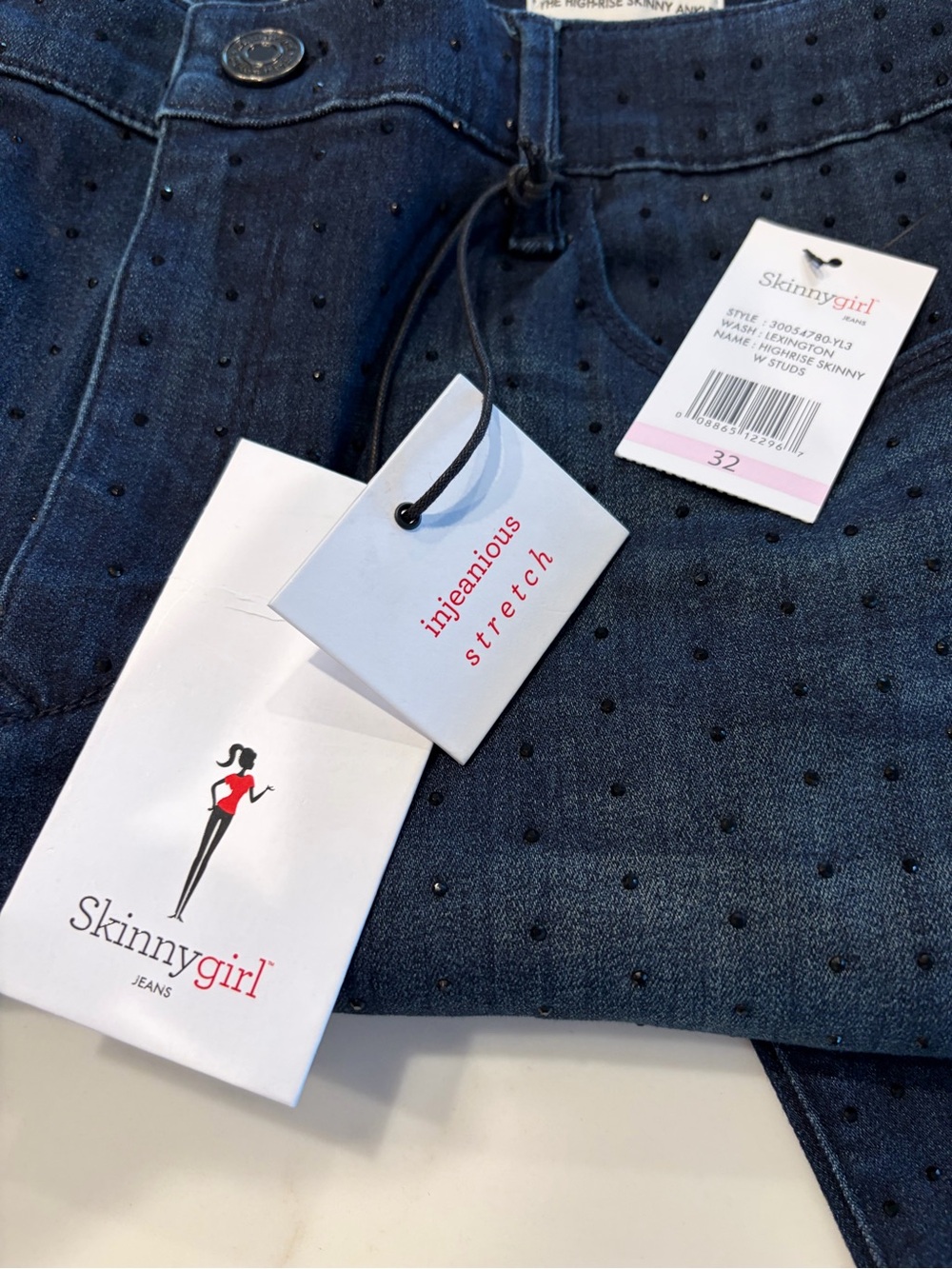 Skinnygirl Blue Stretch Straight-Leg Jeans with Black crystal Studs